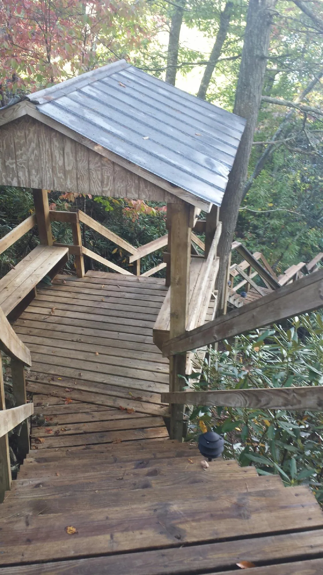 Metal roofed shelter over wooden steps on a wooded walkway — Skylight Repair & Installation work by our crew in Cheraw